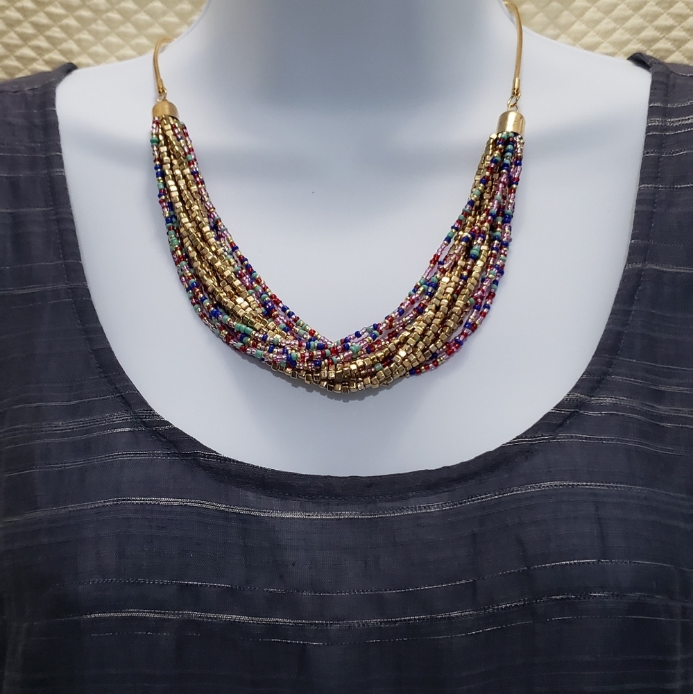 Multcolor with Gold, Multistrand Beaded Necklace, Seed Beads, 20-24" Length